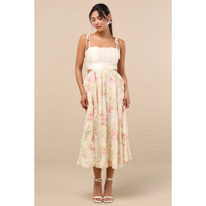 Lulus Rosalee Ivory Floral Mixed Media Midi Dress White - Size S